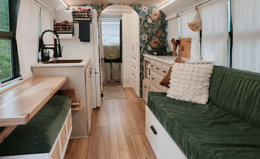 Interior of a school bus conversion. Skoolie interior