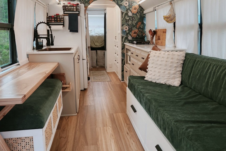 Interior of a school bus conversion. Skoolie interior