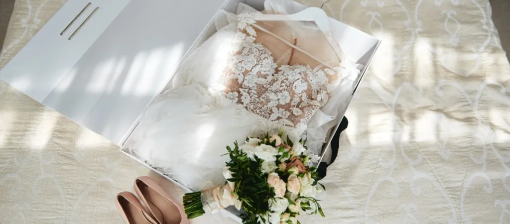 Wedding dress, shoes and bouquet on the bed.