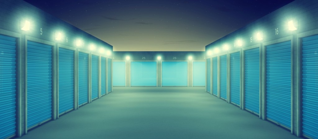 Self storage facility at night. It is illegal to live in a storage unit.