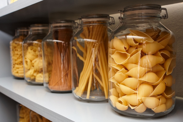 pantry shelf with items on it
