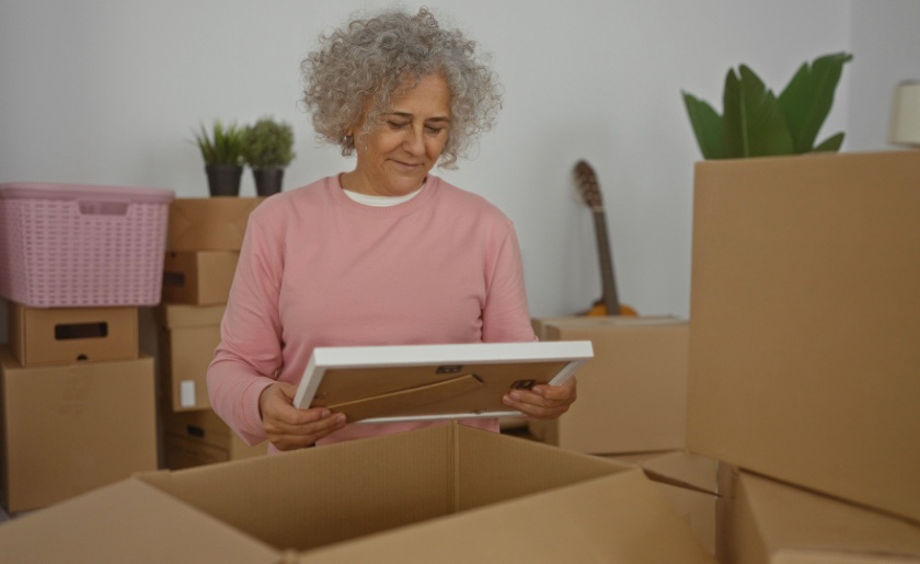 Older woman packing belongings