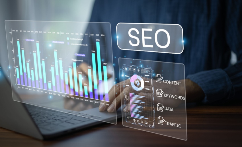 Businessman analyzing SEO performance using digital tools and data visualization to improve website traffic, keyword strategy, and content planning.