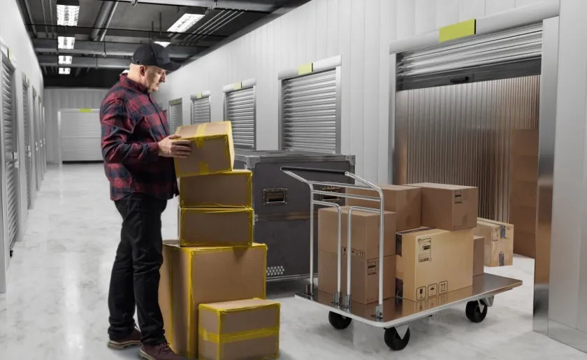 Person with cardboard boxes in front of self storage unit