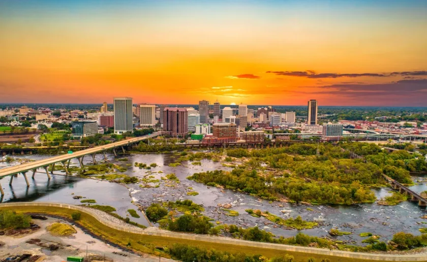 Most fun cities in the US: Downtown Richmond, Virginia, USA Drone Skyline Aerial