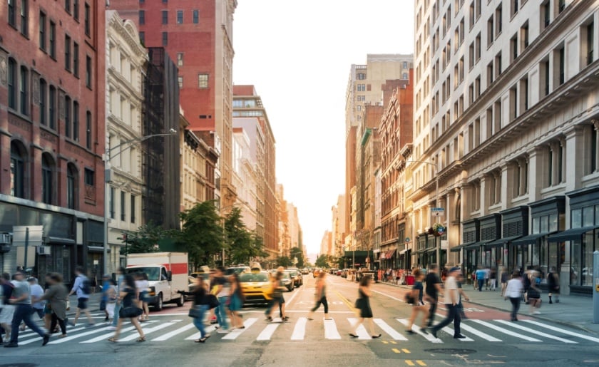 New York City crosswalk at sunset