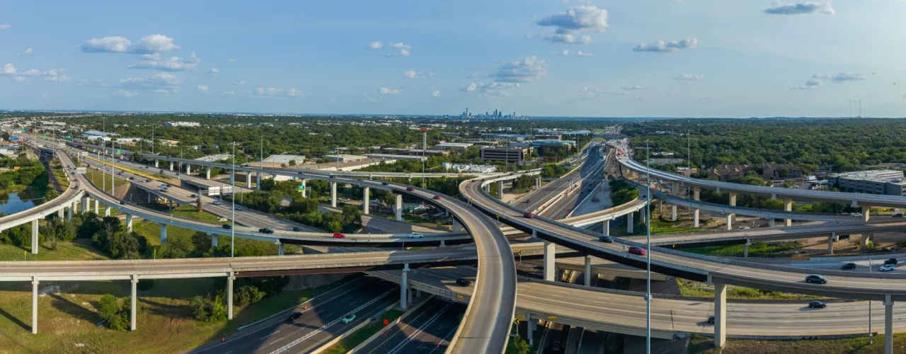 Aerial View of Highways and City Skyline in Austin, Texas