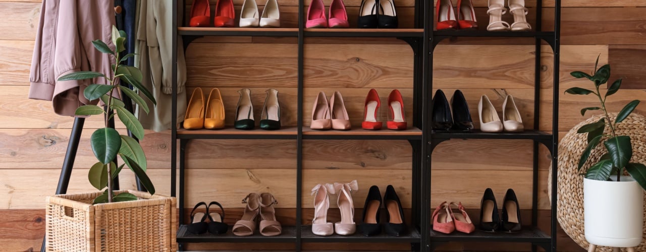 Interior of room with coat rack and female shoes on shelves.