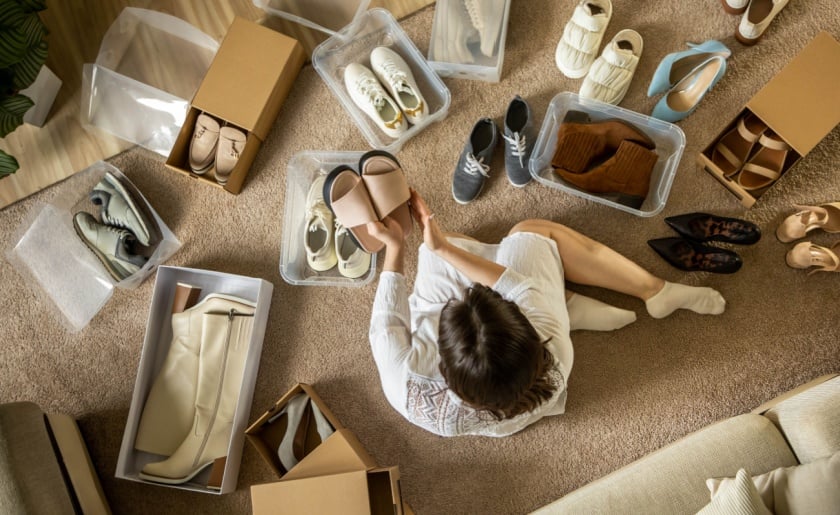 Woman packing shoes into PVC container and cardboard box tidying up seasonal storage top view.
