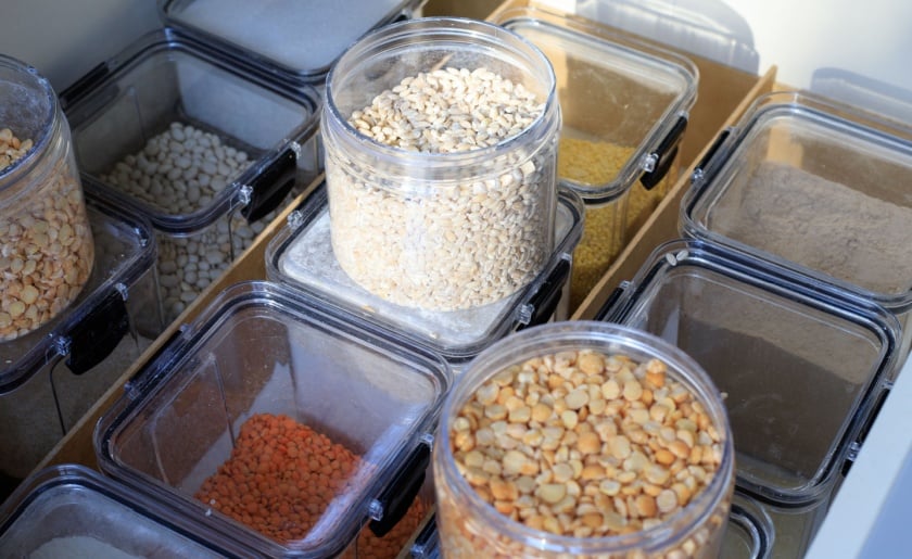 Clear containers with dry goods.