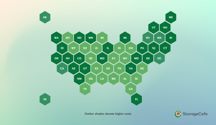 Map of average self storage rates across the United States of America