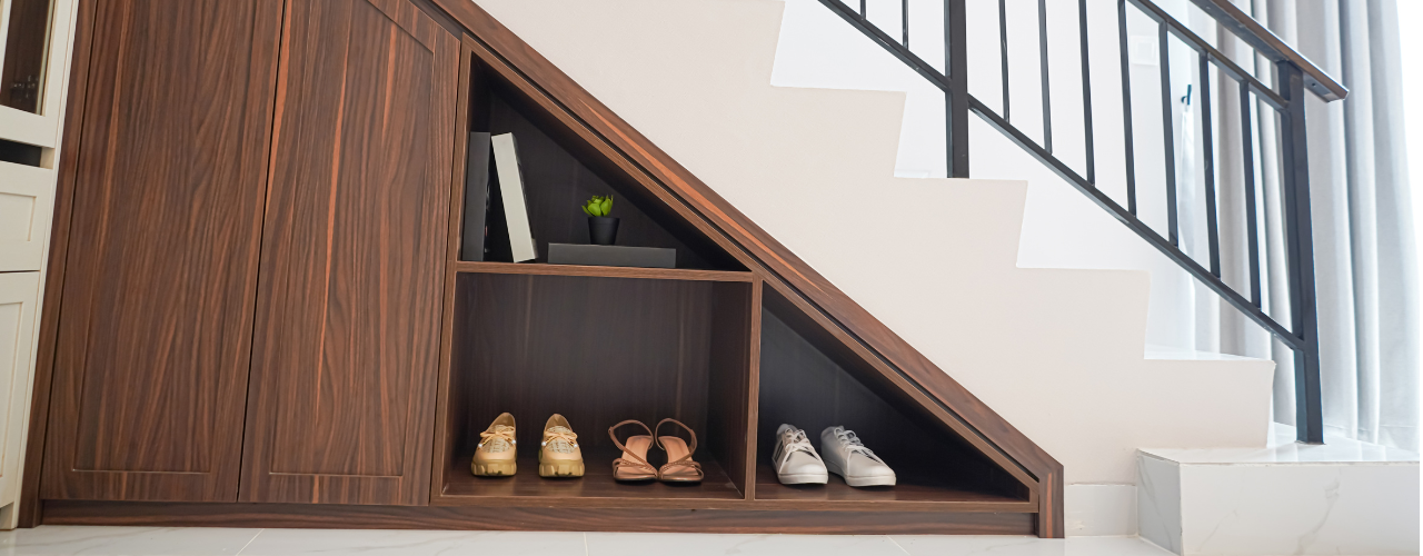 Modern under-stair storage with wooden cabinets and open shelves displaying shoes and decor