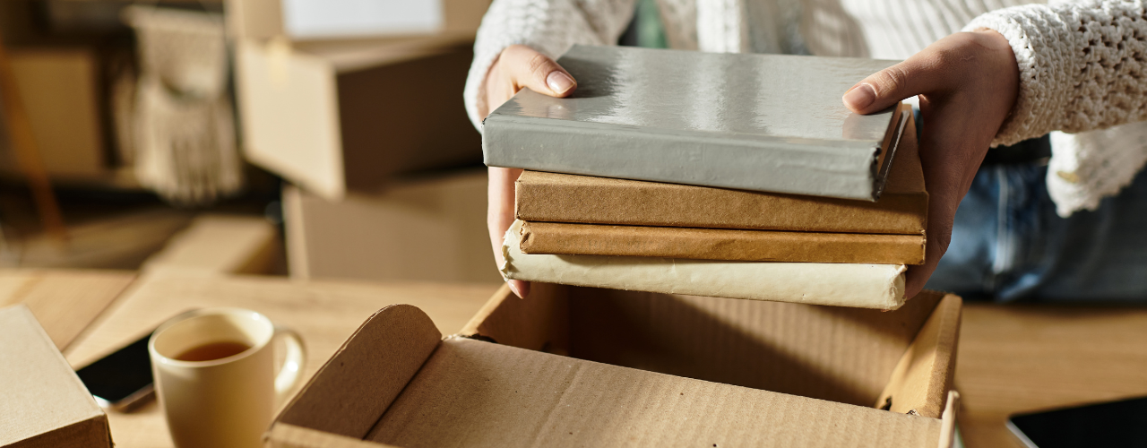 Donating books. Placing books into a box to donate them