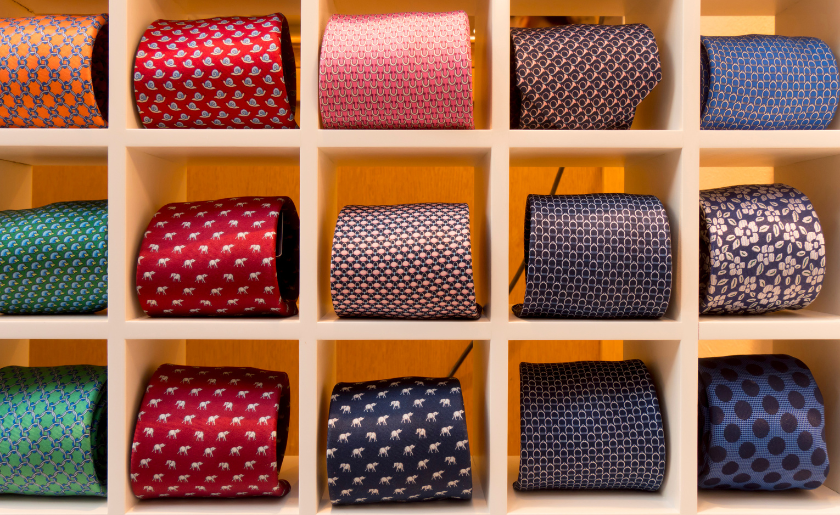 Tie collection stored in cubbies