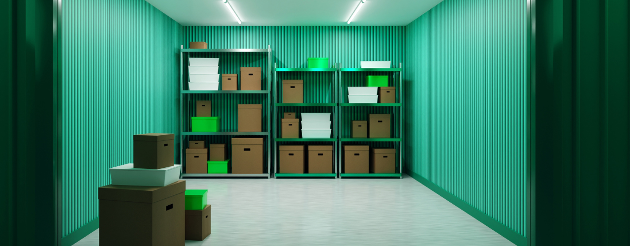 Storage unit with boxes on shelves.