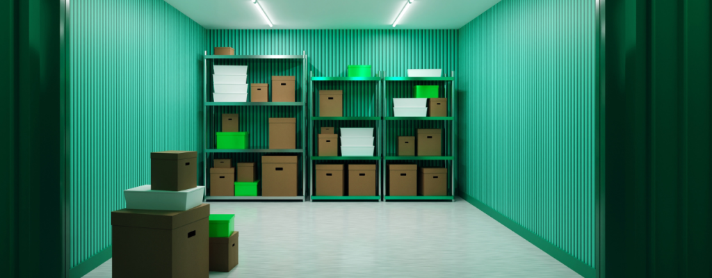 Storage unit with boxes on shelves.