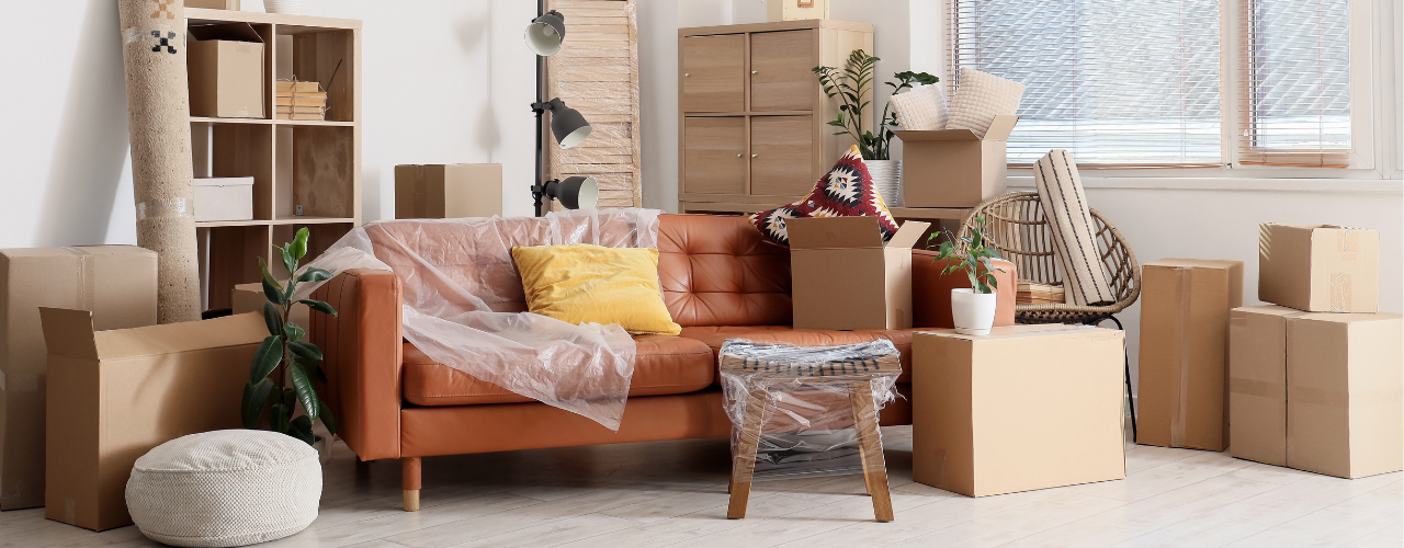 Furniture and cardboard boxes in living room for donation.