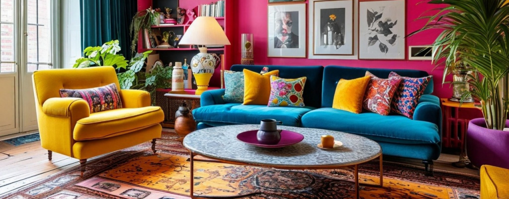 Living room filled with maximalist decor.