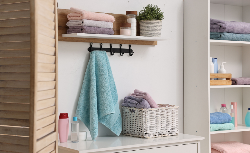 Floating shelf, towel hooks, tall cabinet in stylish bathroom