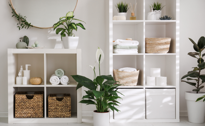 Towels stored neatly in tidy bathroom