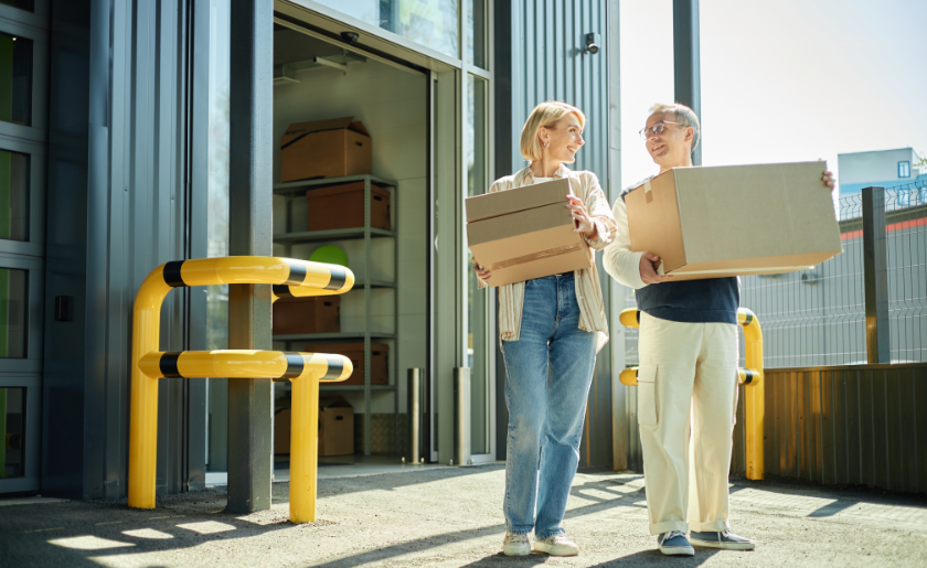 Woman and man carrying cardboard moving boxes outside storage facility.