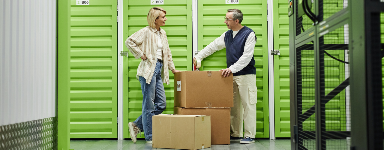 Woman and man standing in front of storage facility with storage lockers.
