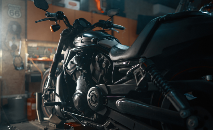 Motorcycle in garage.