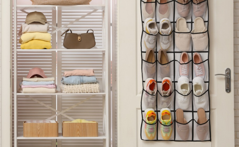 Over-the-door hanging organizer in a hall closet