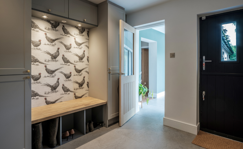 Patterned wall in mudroom