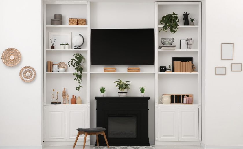 TV flanked by shelves in stylish living room