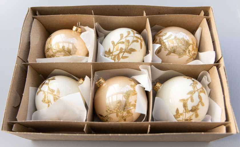 Ornament box with Christmas ornaments.